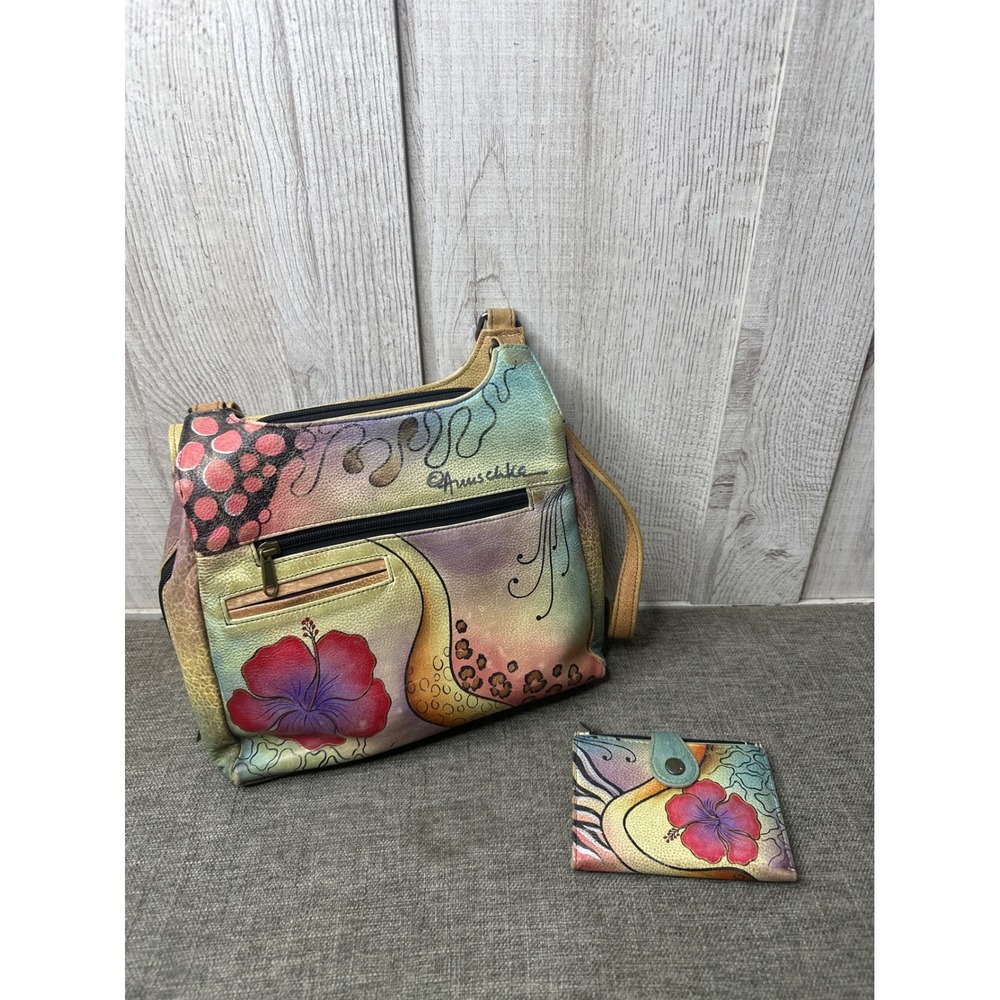 Anuschka Hand Painted Genuine Leather Purse Bag and Wallet Set Hibiscus 7001FLA